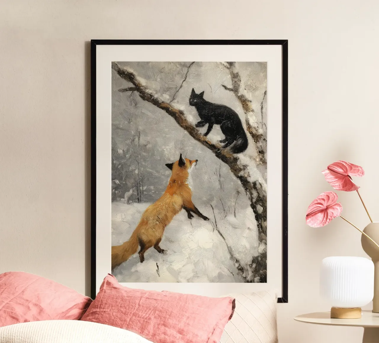 Volpe e gatto in inverno - Arte della fauna selvatica del bosco innevato poster con telaio in plastica da ClubArt