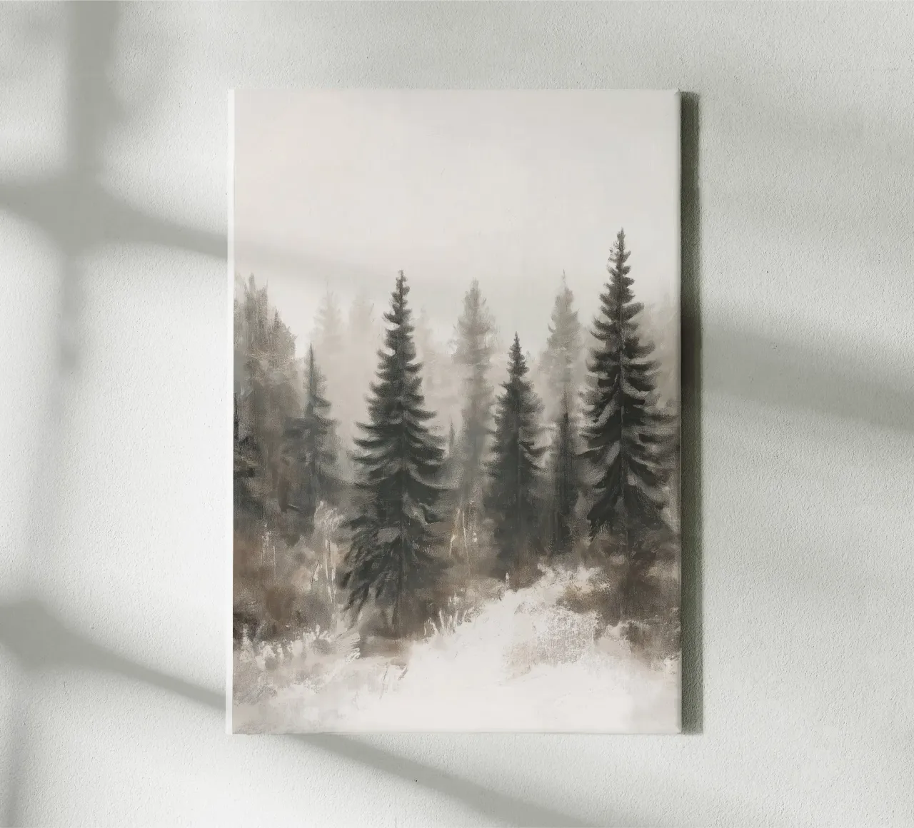 Nevelig dennenbos - Sereen Noords winterlandschap canvas met Baklijst van ClubArt