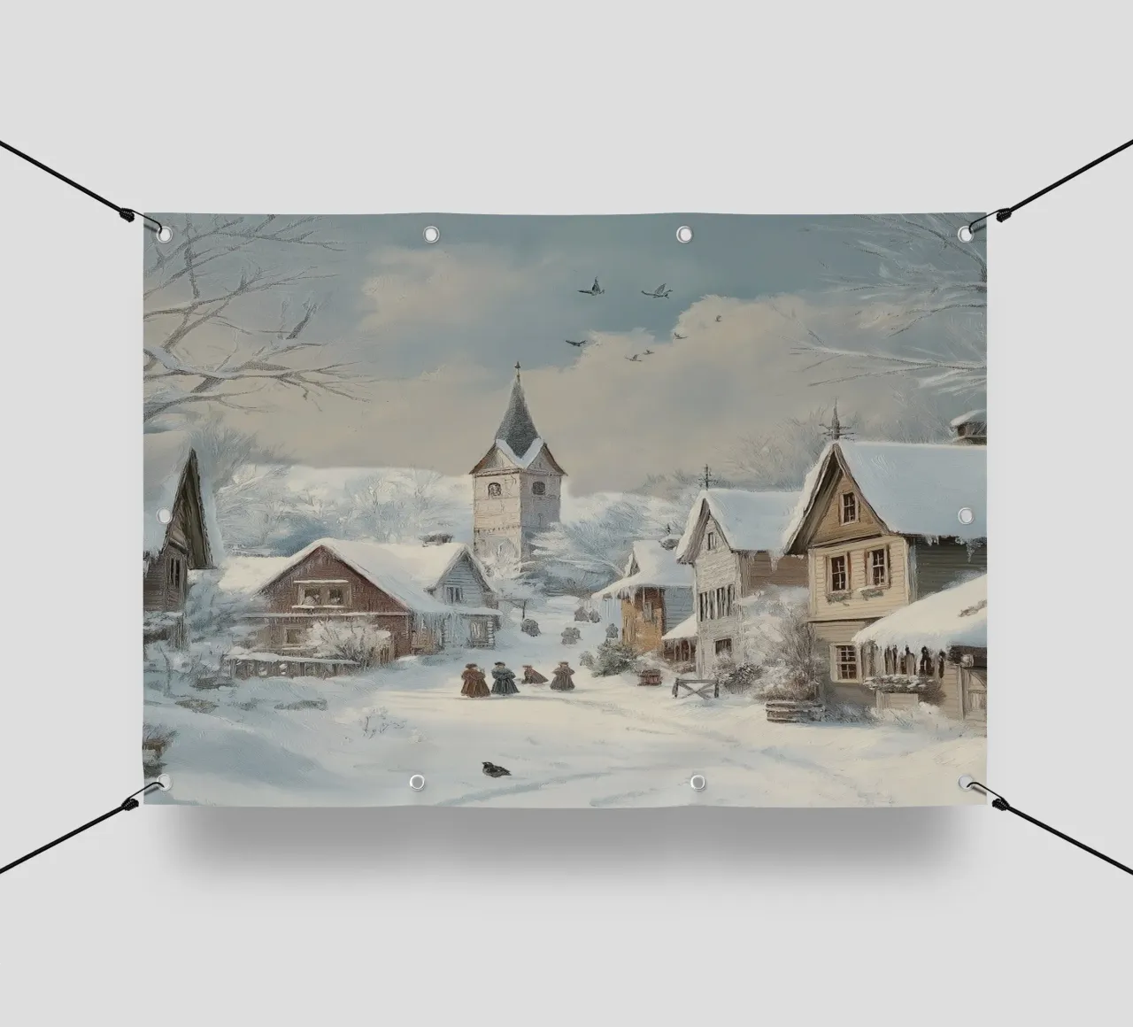 Idilliaco villaggio innevato - Scena invernale in chiesa telo in pvc da ClubArt