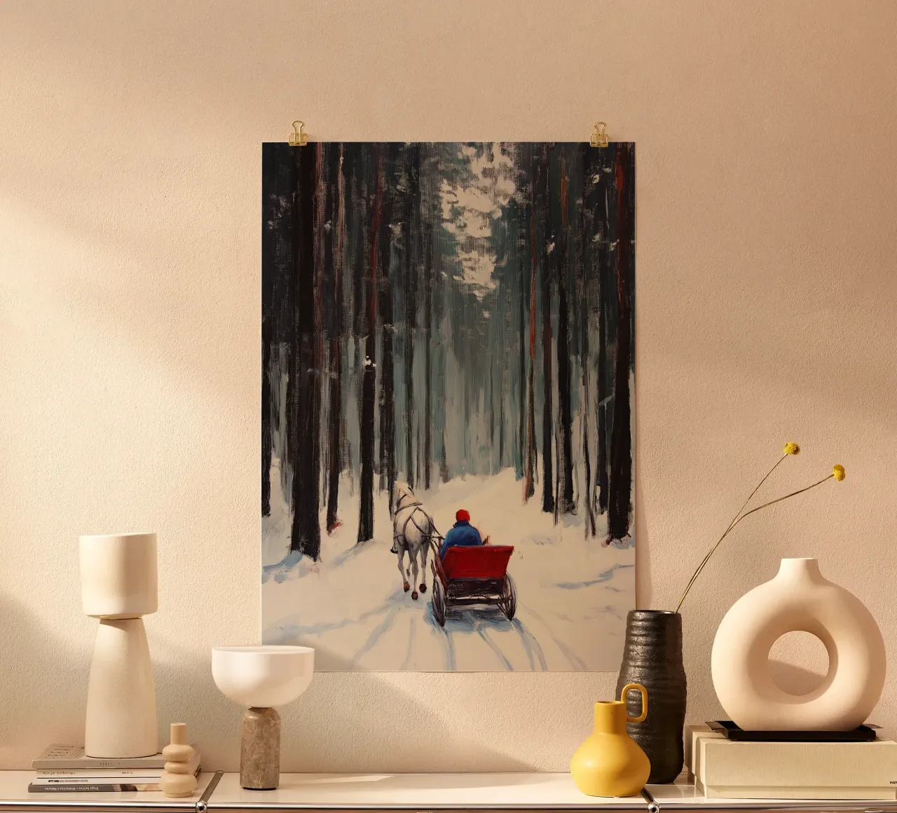 Cavallo in slitta nella foresta - Paesaggio invernale innevato poster con telaio in plastica da ClubArt