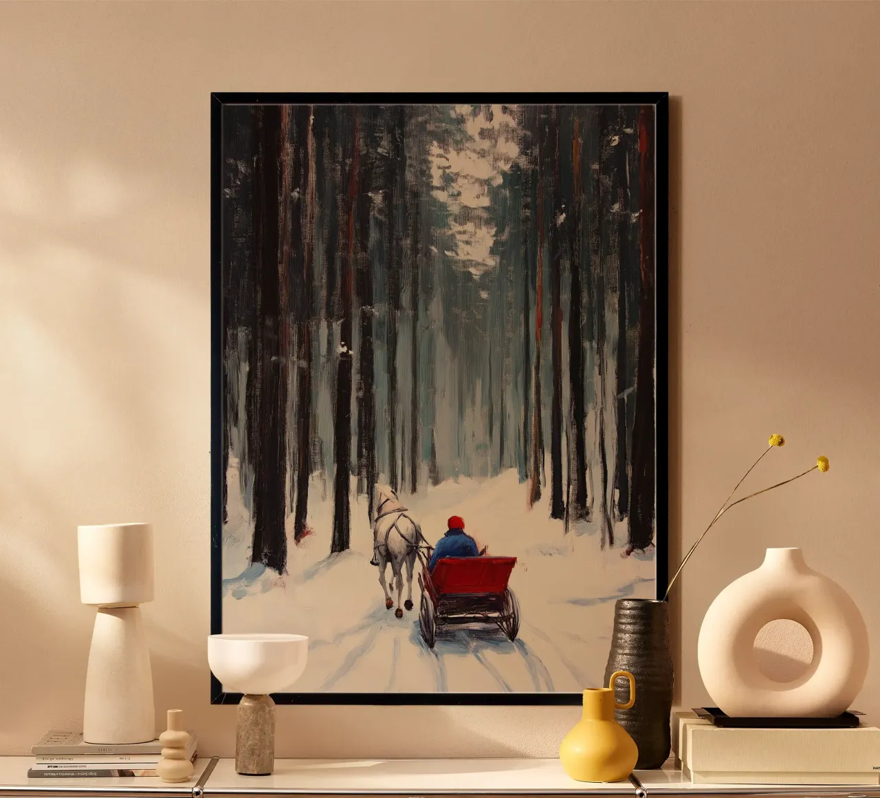 Cavallo in slitta nella foresta - Paesaggio invernale innevato poster con telaio in plastica da ClubArt