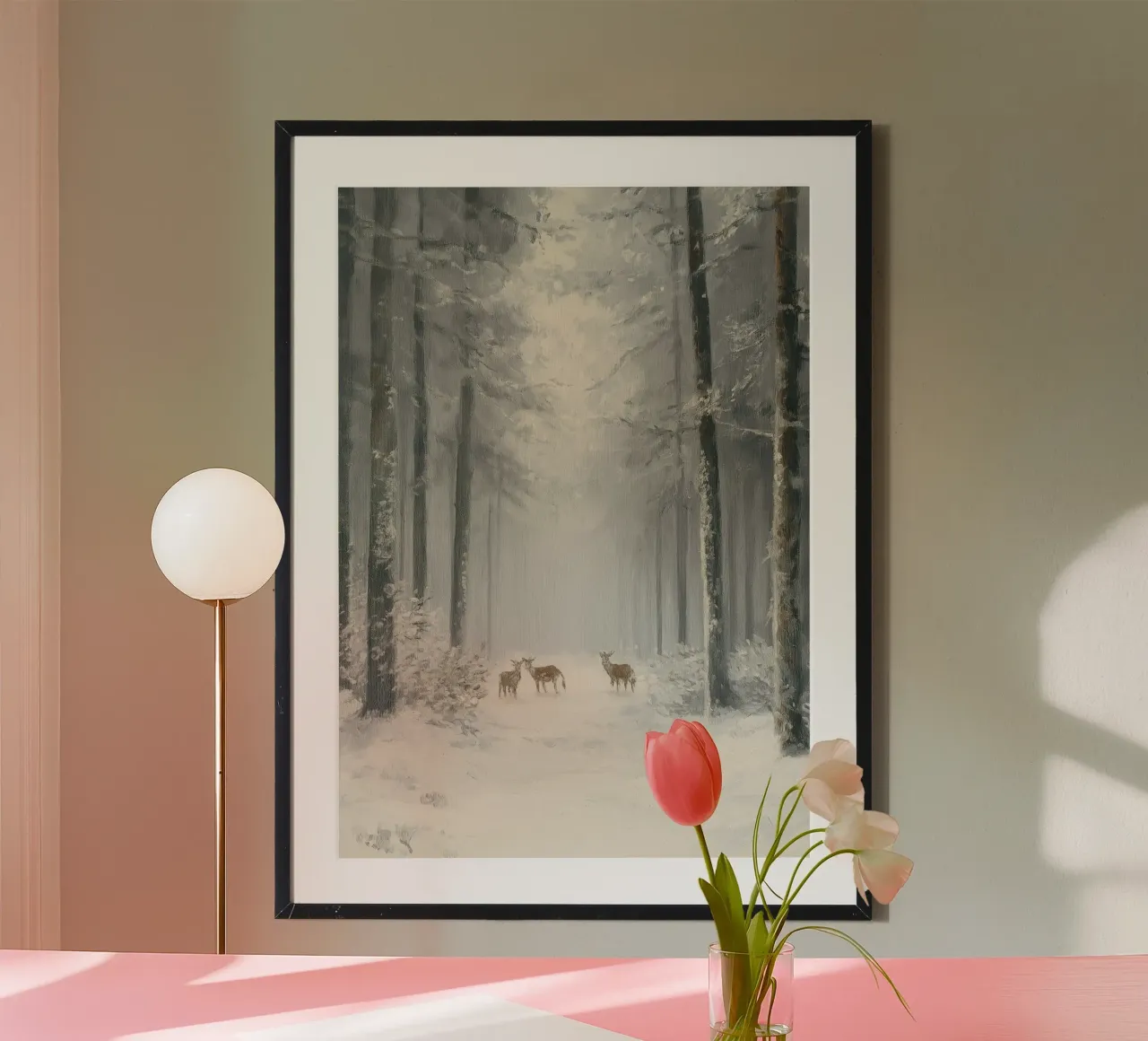 Cervo nella foresta innevata - Arte invernale serena della fauna selvatica poster con telaio in alluminio da ClubArt