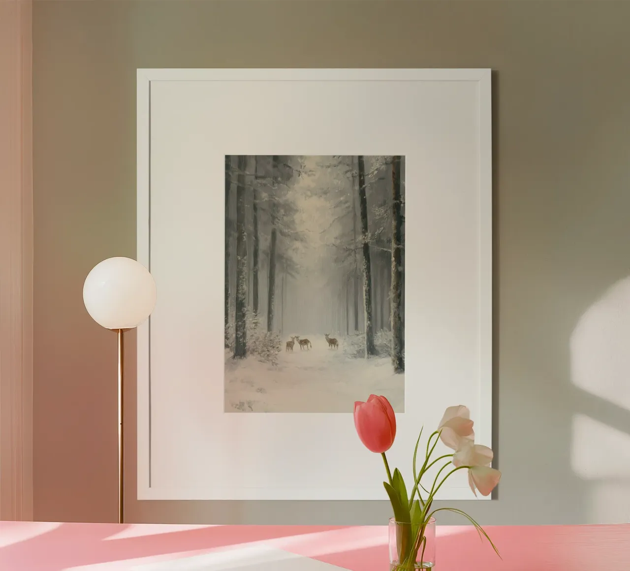 Cervo nella foresta innevata - Arte invernale serena della fauna selvatica poster con telaio in alluminio da ClubArt