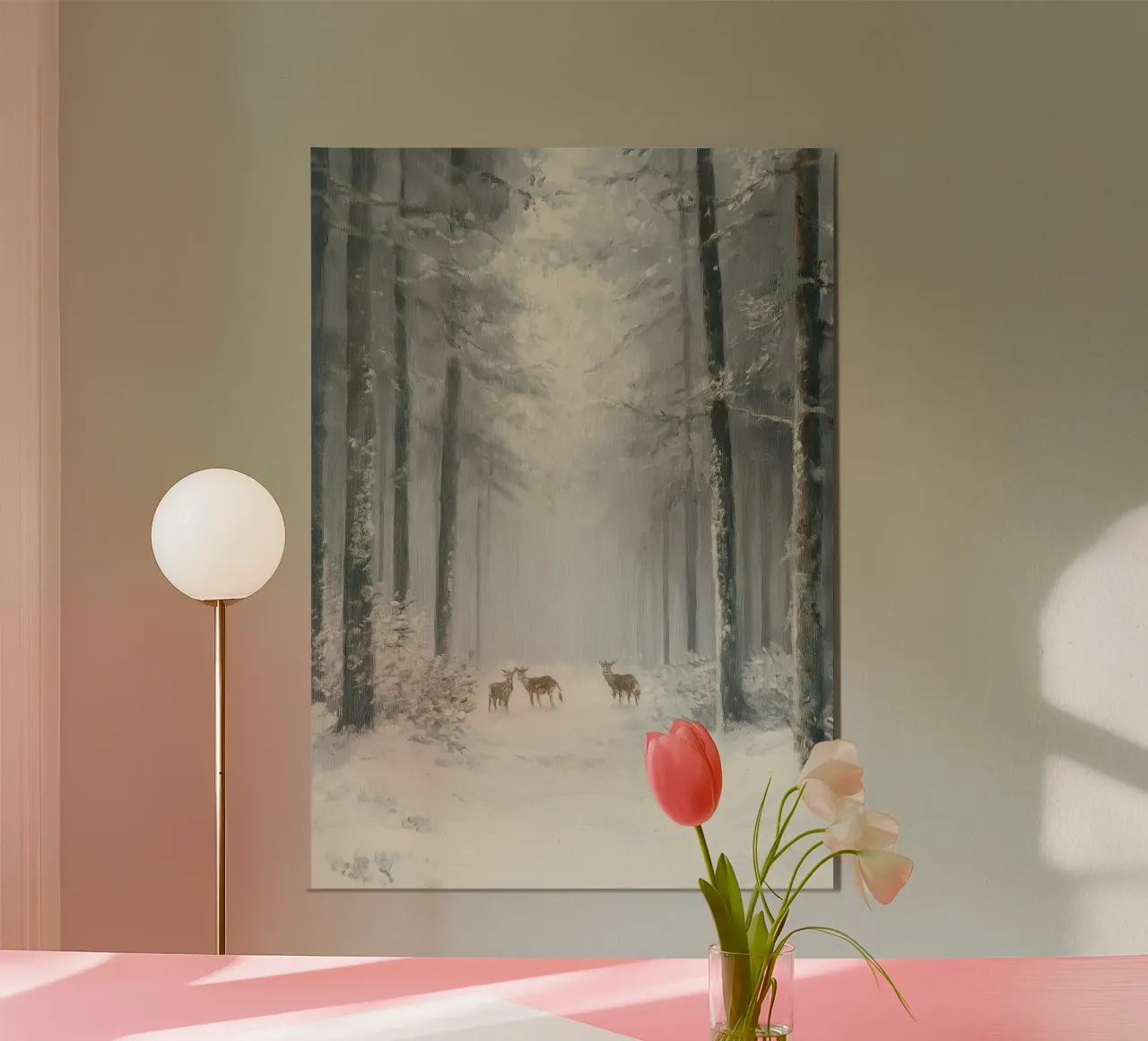 Cervo nella foresta innevata - Arte invernale serena della fauna selvatica poster con telaio in alluminio da ClubArt