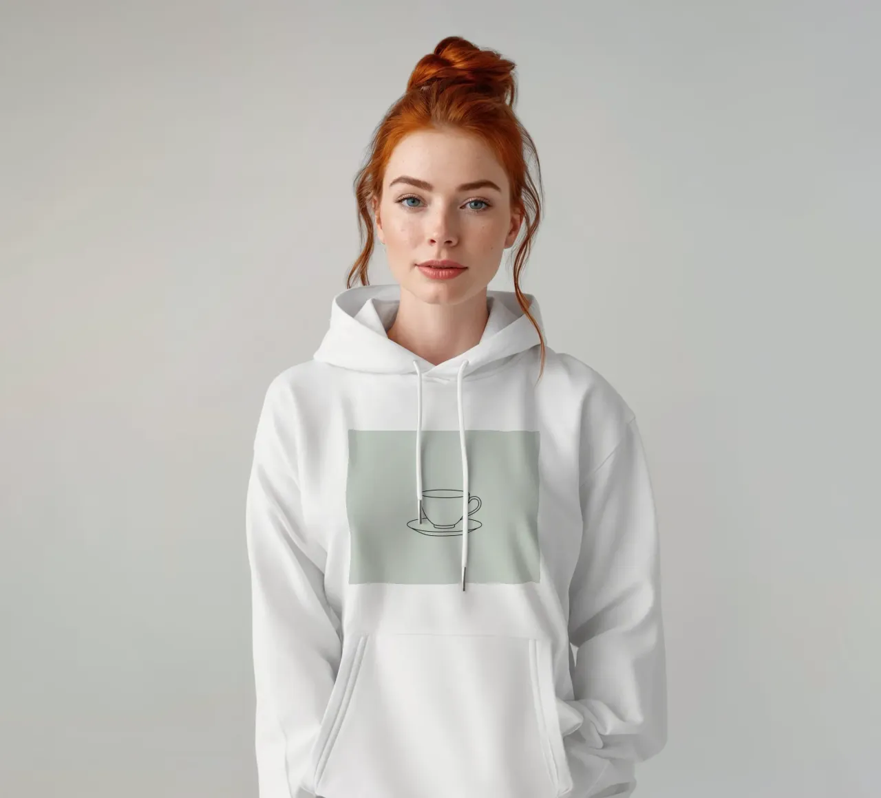 Semplice schizzo di una tazza da tè su un piattino esposto su un minimo felpa con cappuccio da DesignDoodle