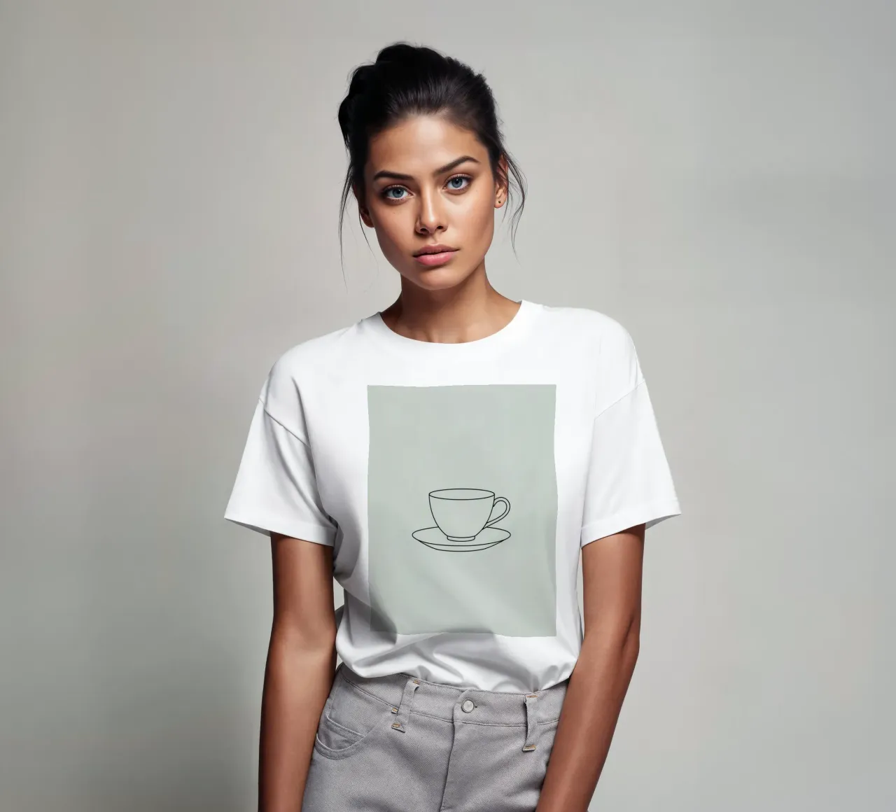 Semplice schizzo di una tazza da tè su un piattino esposto su un minimo t-shirt da DesignDoodle