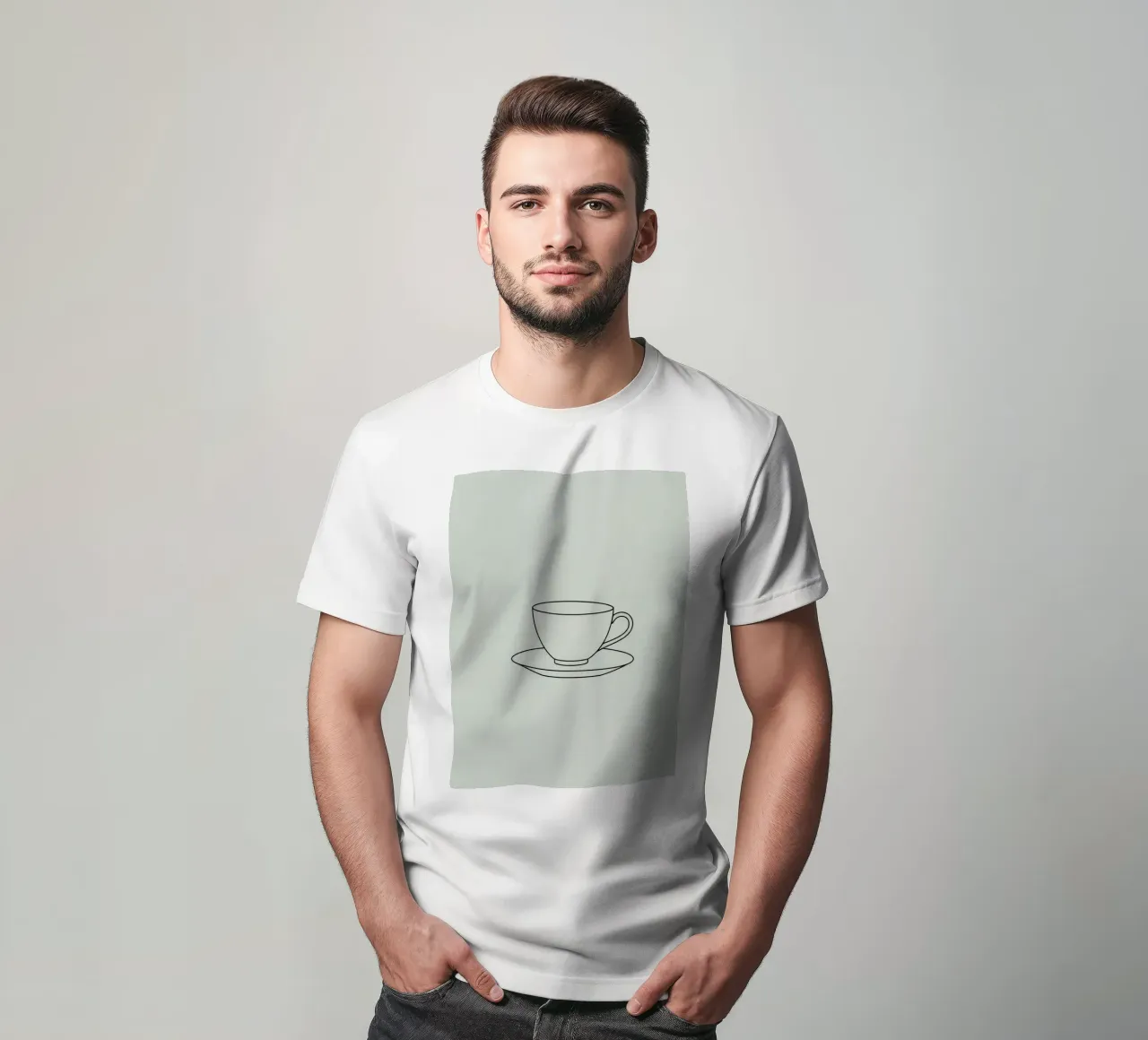Semplice schizzo di una tazza da tè su un piattino esposto su un minimo t-shirt da DesignDoodle