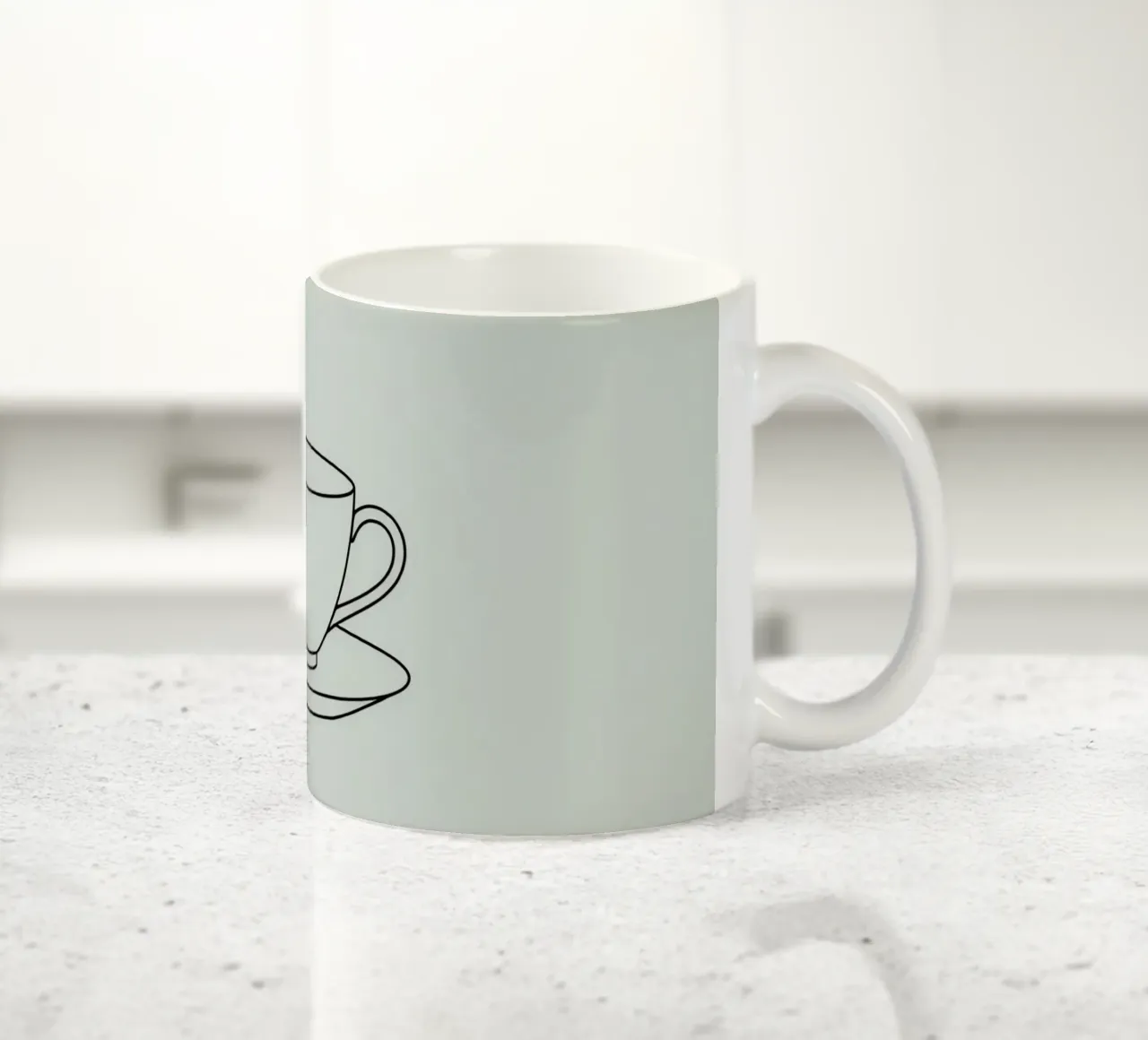 Semplice schizzo di una tazza da tè su un piattino esposto su un minimo tazza in ceramica da DesignDoodle