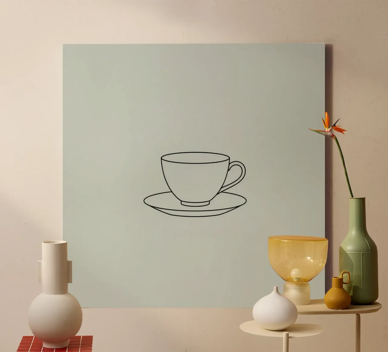 Simple sketch of a tea cup on a saucer displayed on a minima canvas by DesignDoodle