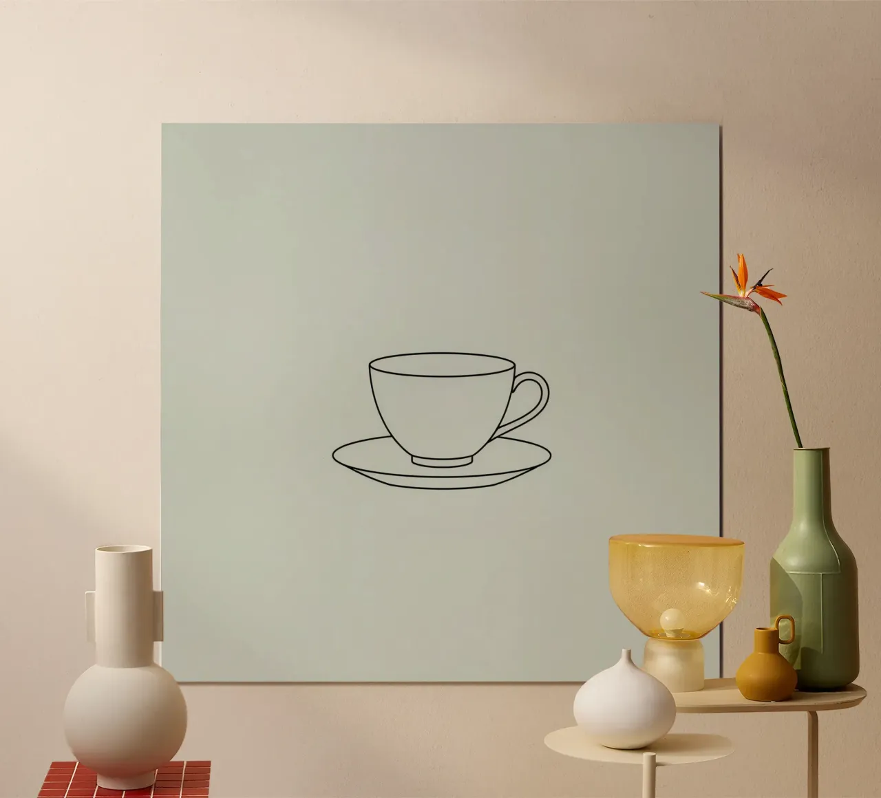 Semplice schizzo di una tazza da tè su un piattino esposto su un minimo carta hahnemühle da DesignDoodle