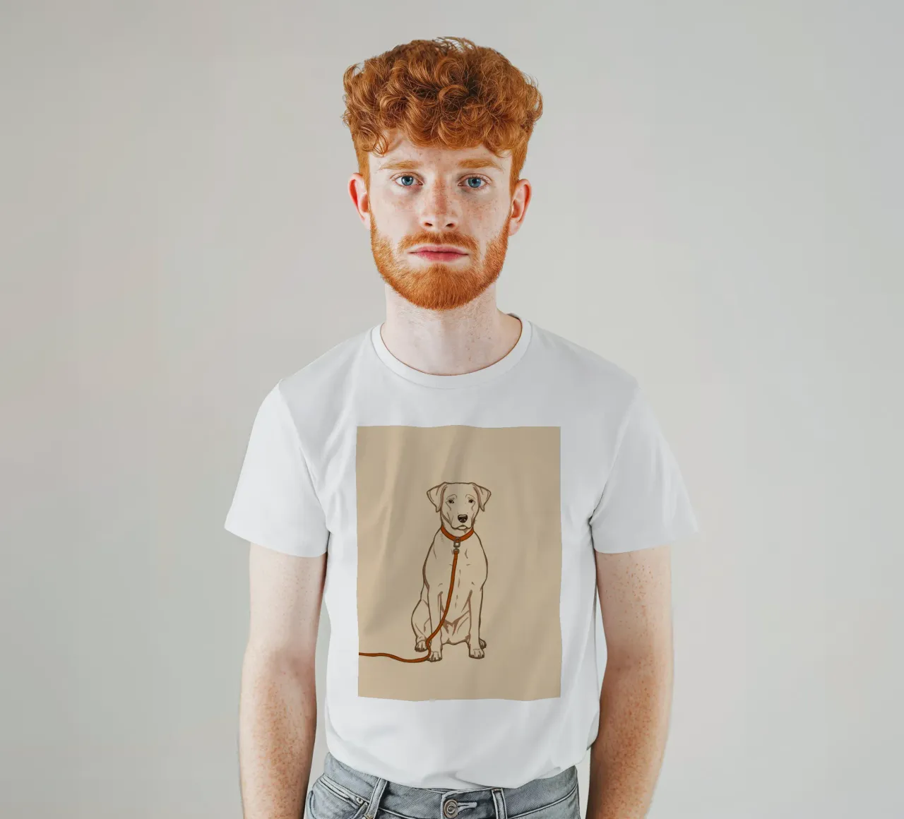 Dog sitting on a leash against a pastel background t-shirt by DesignDoodle