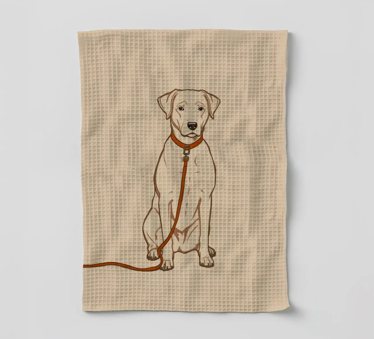 Dog sitting on a leash against a pastel background tea towel by DesignDoodle