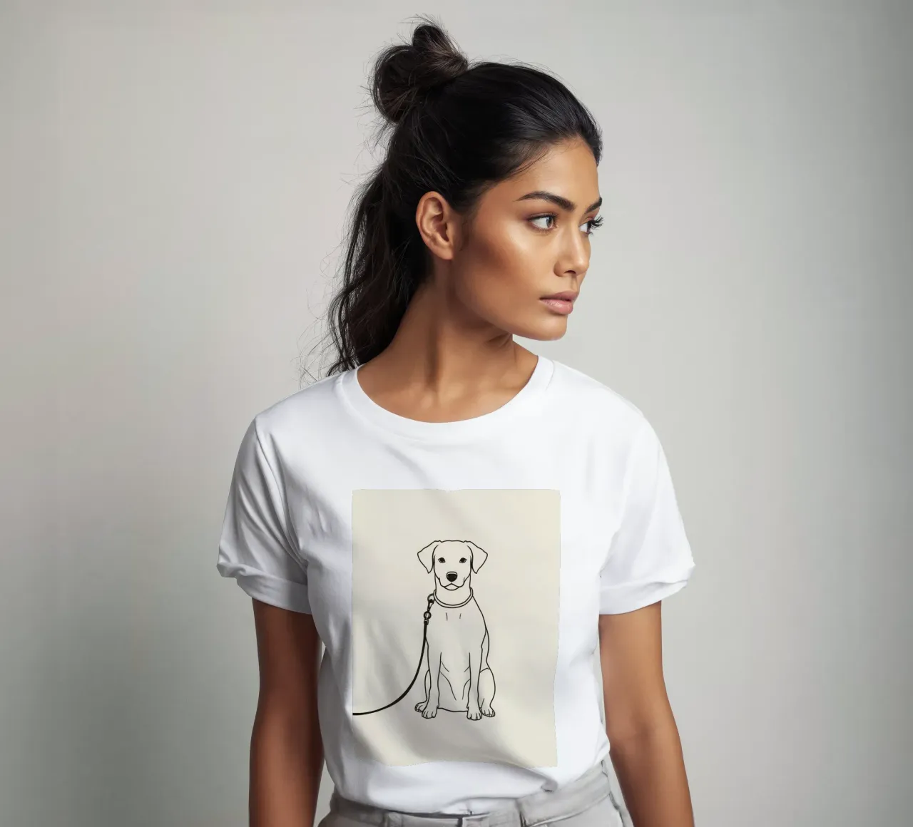 Dog sitting patiently on leash waiting outdoors for owner’s t-shirt by DesignDoodle