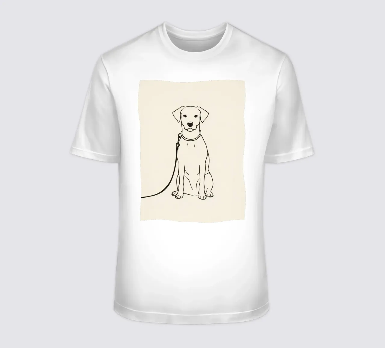 Dog sitting patiently on leash waiting outdoors for owner’s t-shirt by DesignDoodle