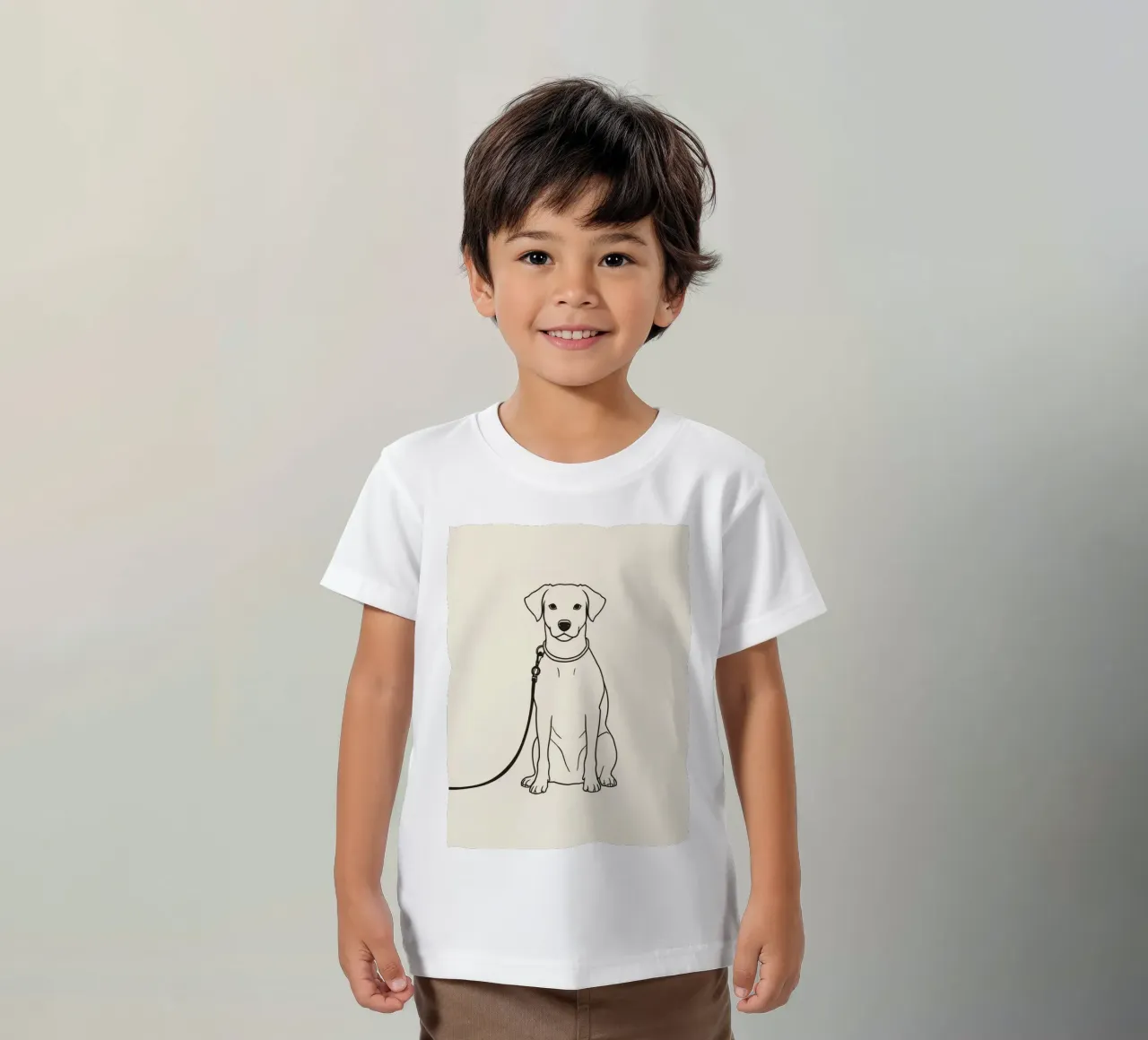 Dog sitting patiently on leash waiting outdoors for owner’s kids t-shirt by DesignDoodle