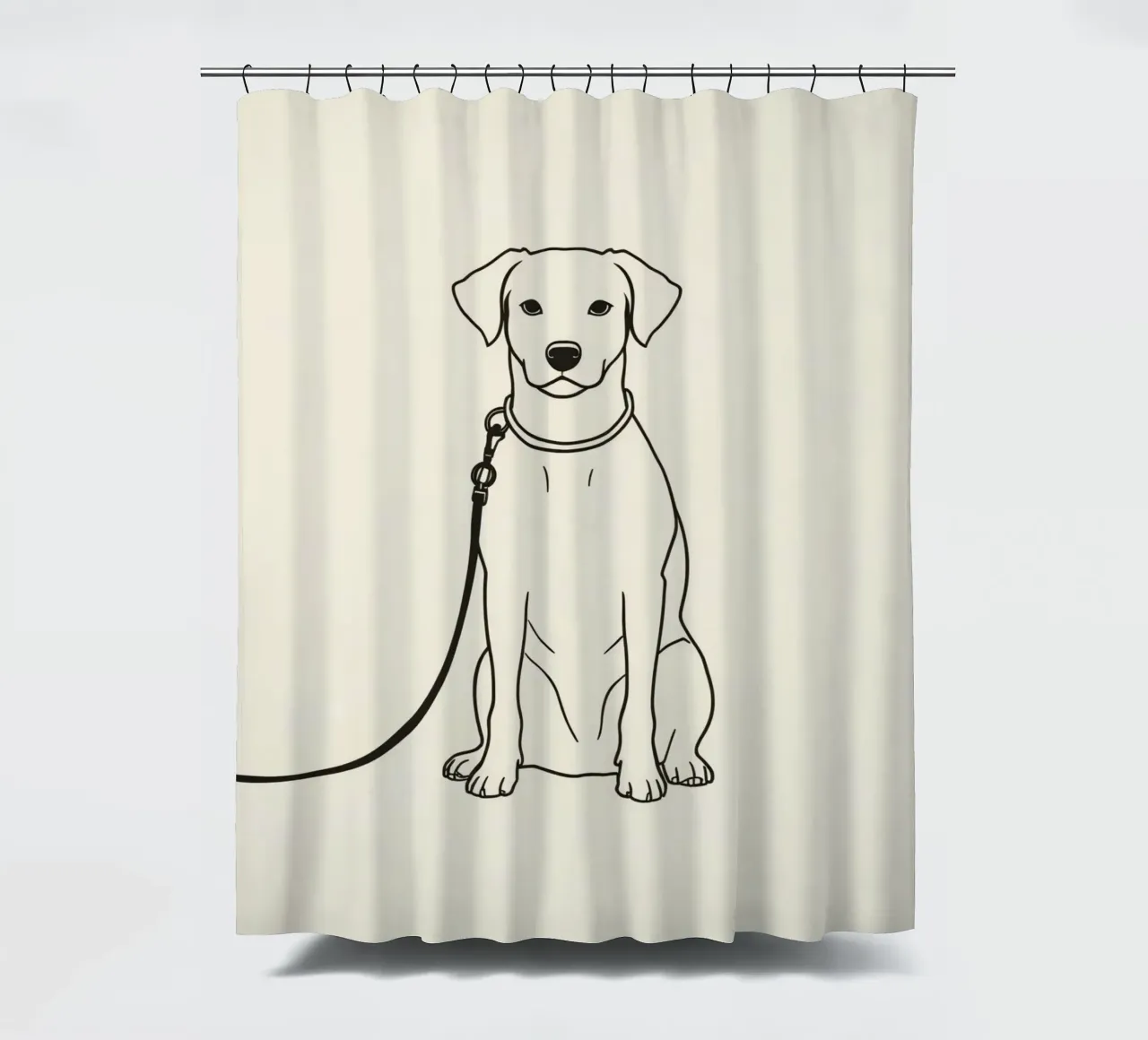 Dog sitting patiently on leash waiting outdoors for owner’s shower curtain by DesignDoodle