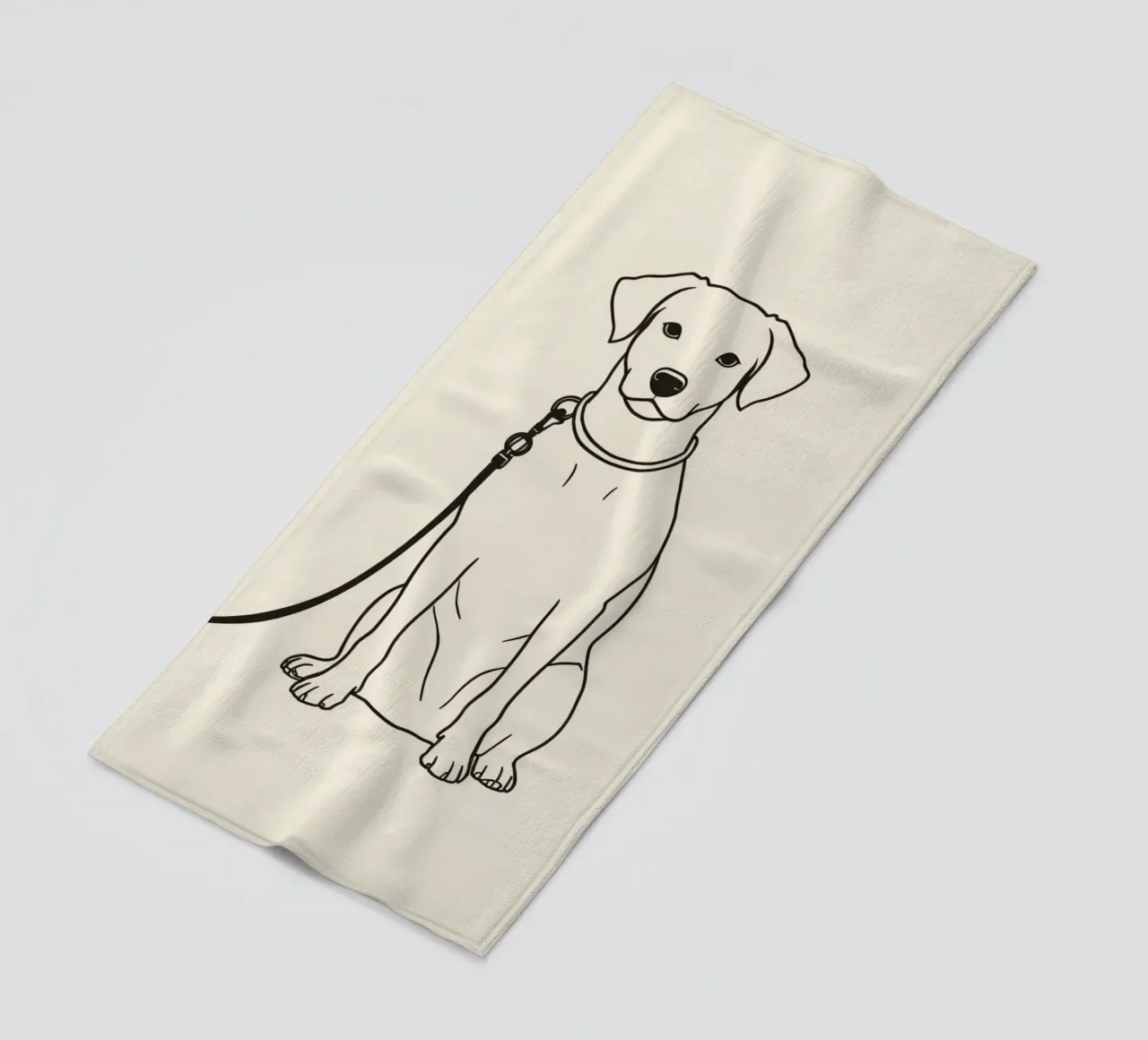 Dog sitting patiently on leash waiting outdoors for owner’s beach towel by DesignDoodle