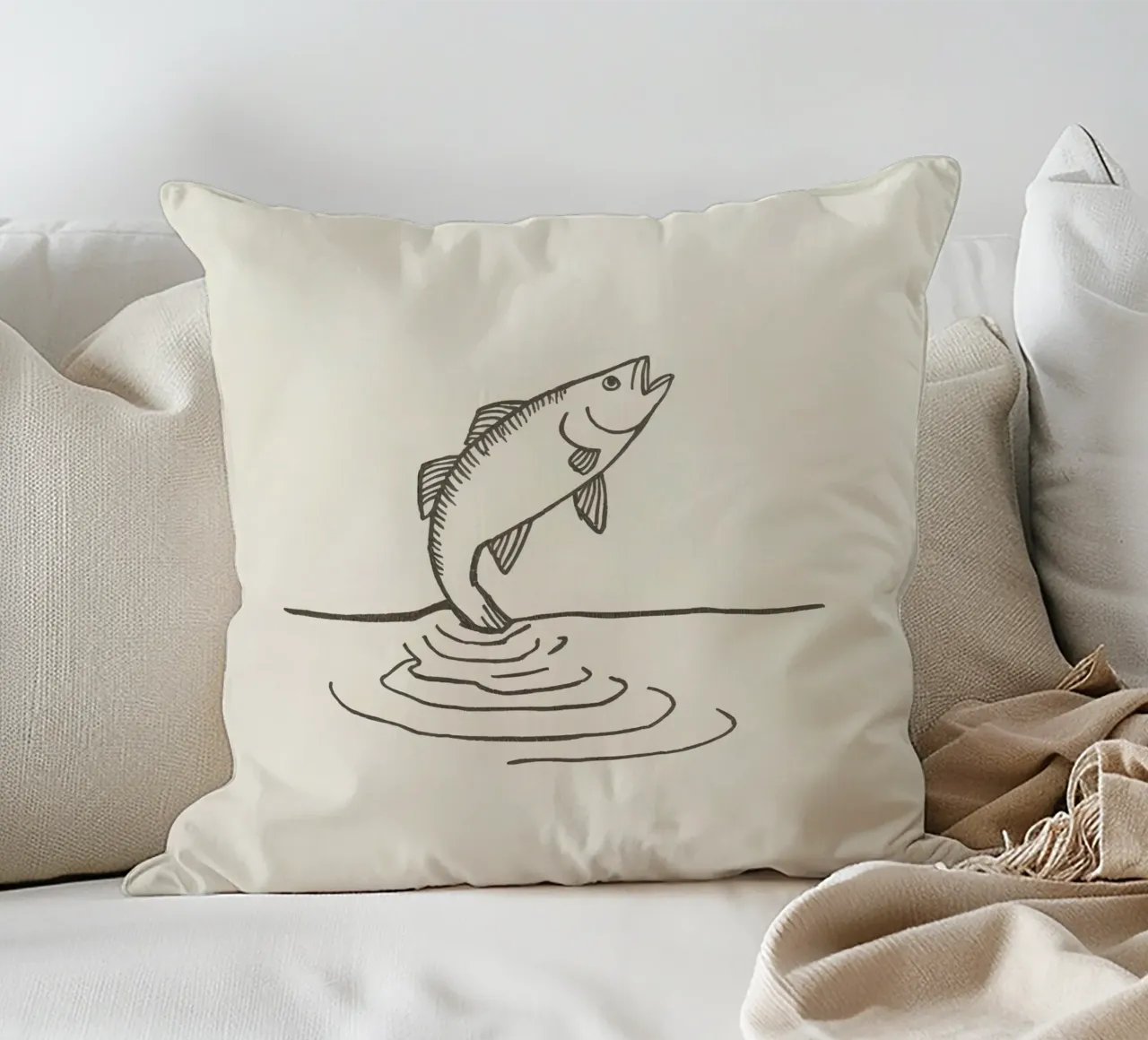 Fish leaping above the water in a natural setting showcasing decorative cushion by DesignDoodle