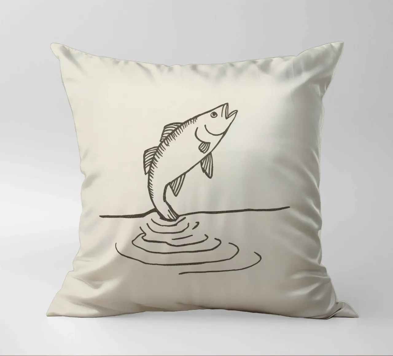 Fish leaping above the water in a natural setting showcasing decorative cushion by DesignDoodle