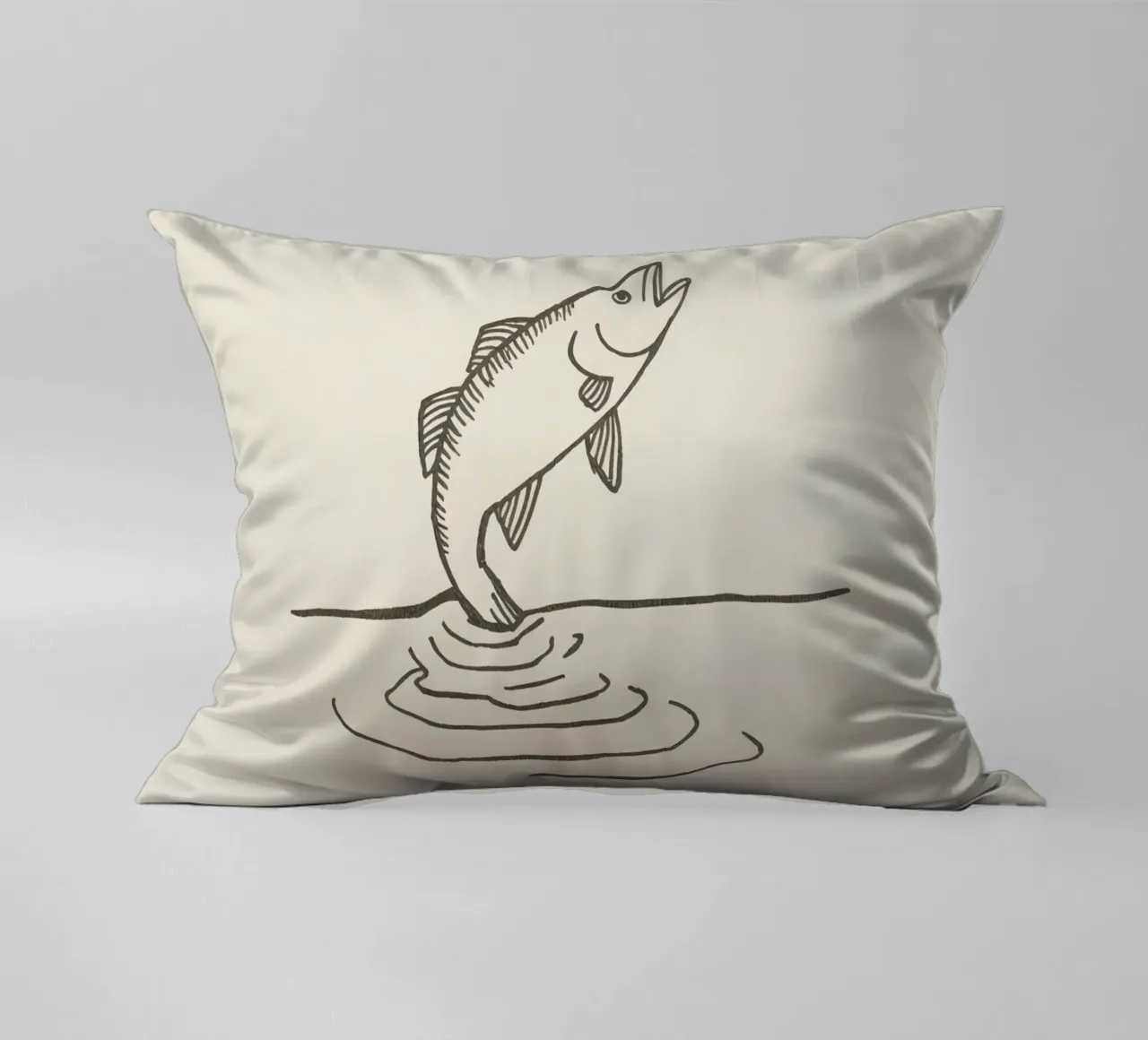 Fish leaping above the water in a natural setting showcasing decorative cushion by DesignDoodle