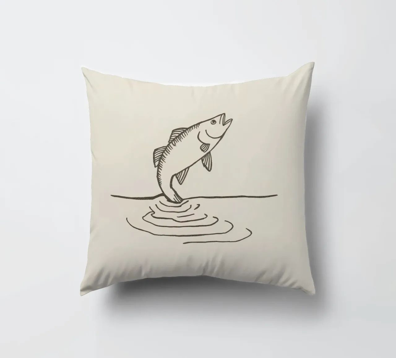 Fish leaping above the water in a natural setting showcasing decorative cushion by DesignDoodle