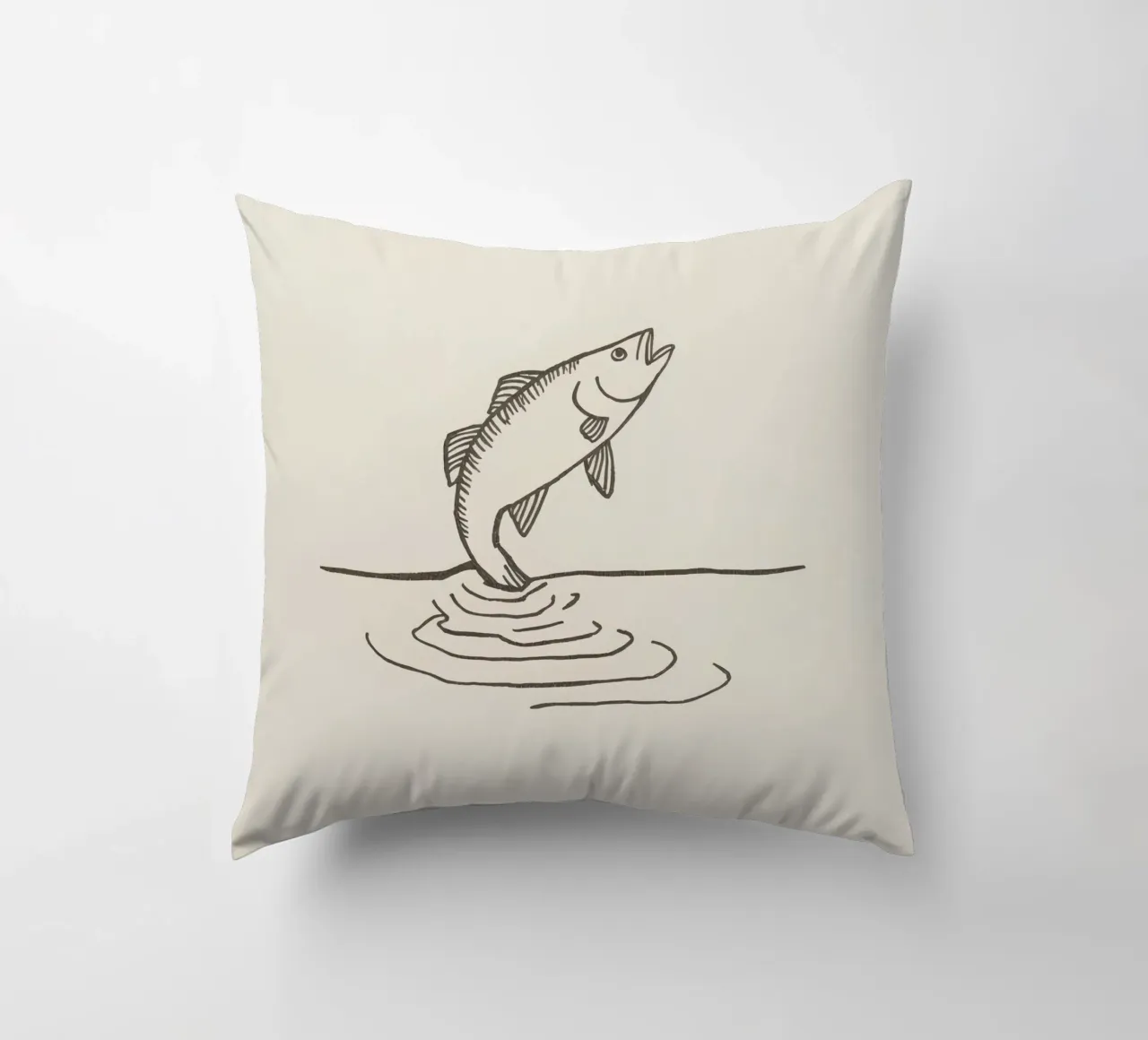 Fish leaping above the water in a natural setting showcasing decorative cushion by DesignDoodle