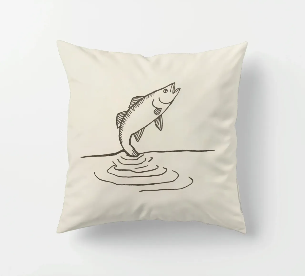 Fish leaping above the water in a natural setting showcasing decorative cushion by DesignDoodle