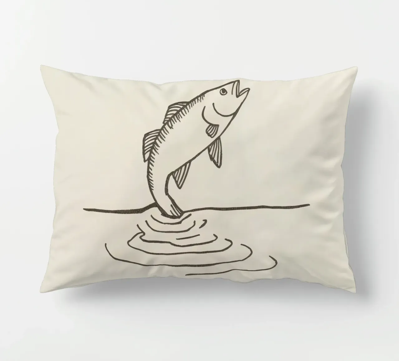 Fish leaping above the water in a natural setting showcasing decorative cushion by DesignDoodle