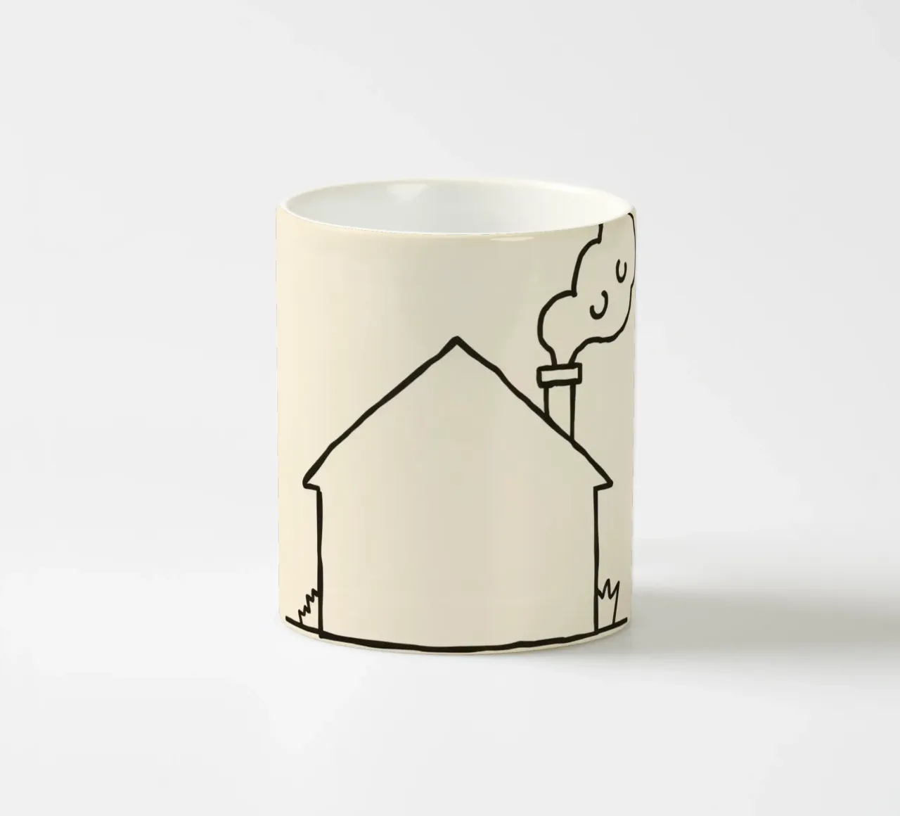 House with smoke billowing from the chimney, indicating warm ceramic mug by DesignDoodle