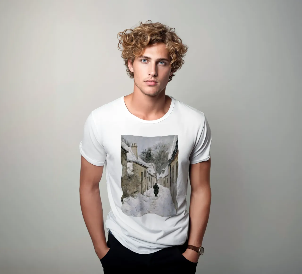 Figura solitaria in un villaggio innevato - Percorso invernale rustico t-shirt da ClubArt