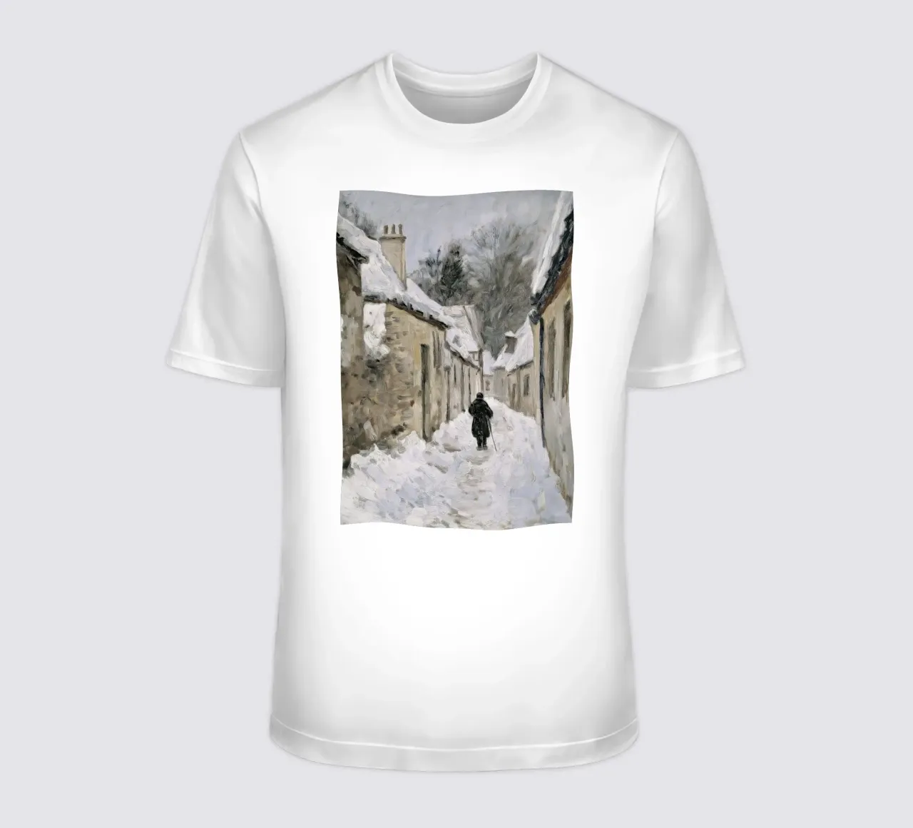 Figura solitaria in un villaggio innevato - Percorso invernale rustico t-shirt da ClubArt
