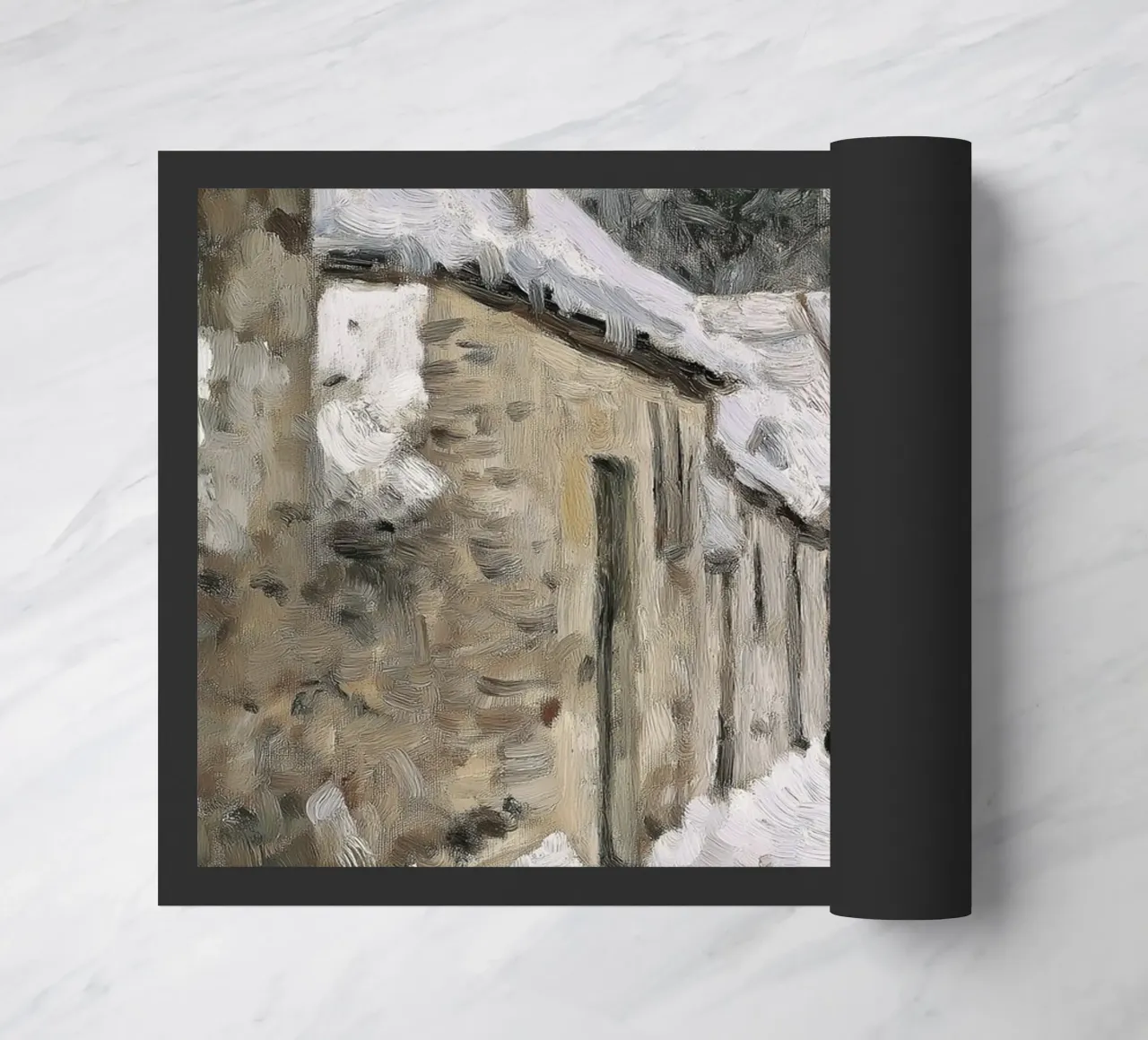 Lone Figure in Snowy Village - Rustic Winter Path doormat by ClubArt