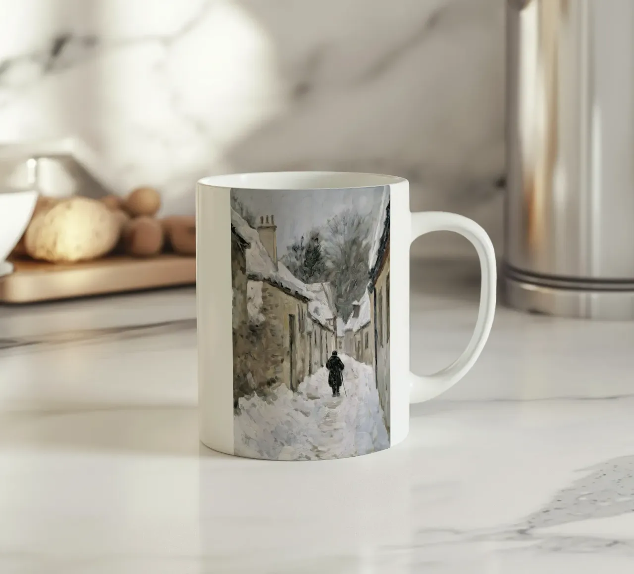 Lone Figure in Snowy Village - Rustic Winter Path ceramic mug by ClubArt