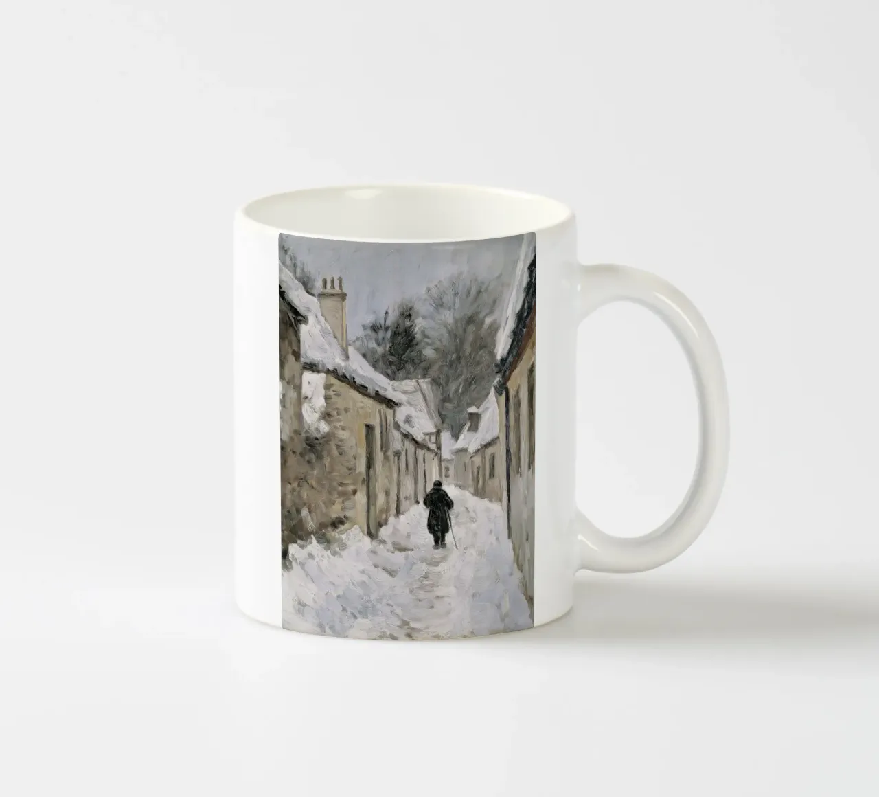 Lone Figure in Snowy Village - Rustic Winter Path ceramic mug by ClubArt