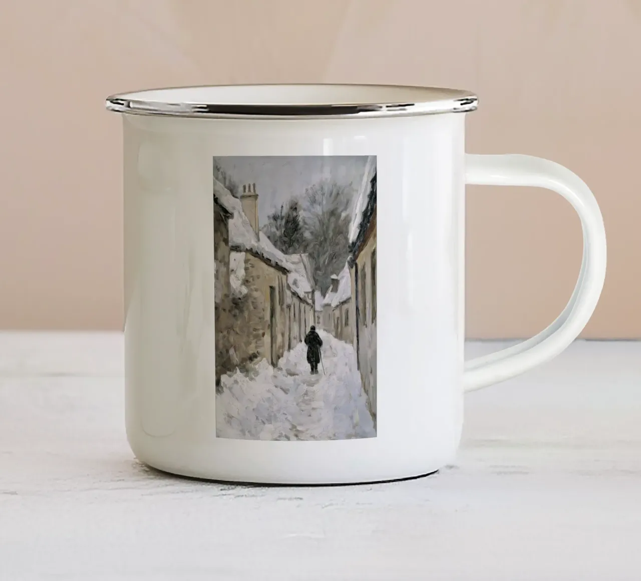 Lone Figure in Snowy Village - Rustic Winter Path enamel mug by ClubArt