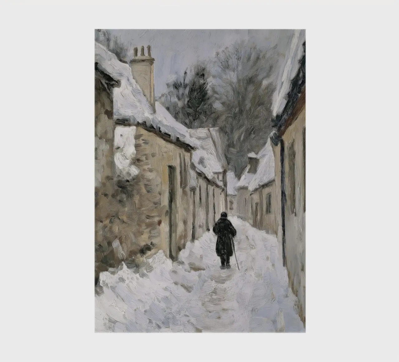 Lone Figure in Snowy Village - Rustic Winter Path notebook by ClubArt