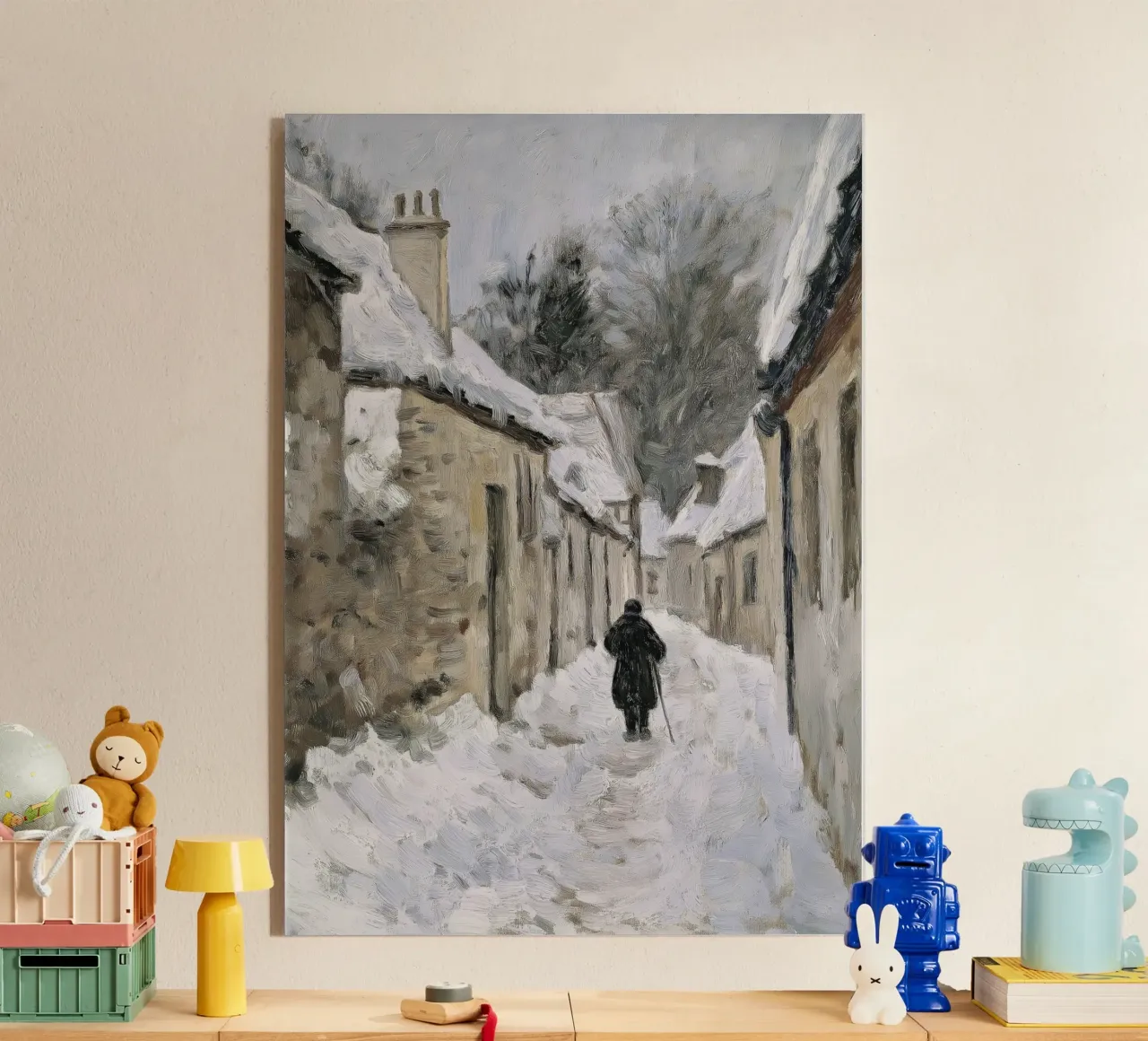 Figura solitaria in un villaggio innevato - Percorso invernale rustico plexiglass da ClubArt