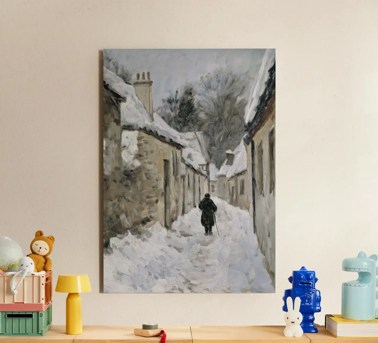 Figura solitaria in un villaggio innevato - Percorso invernale rustico alluminio dibond da ClubArt