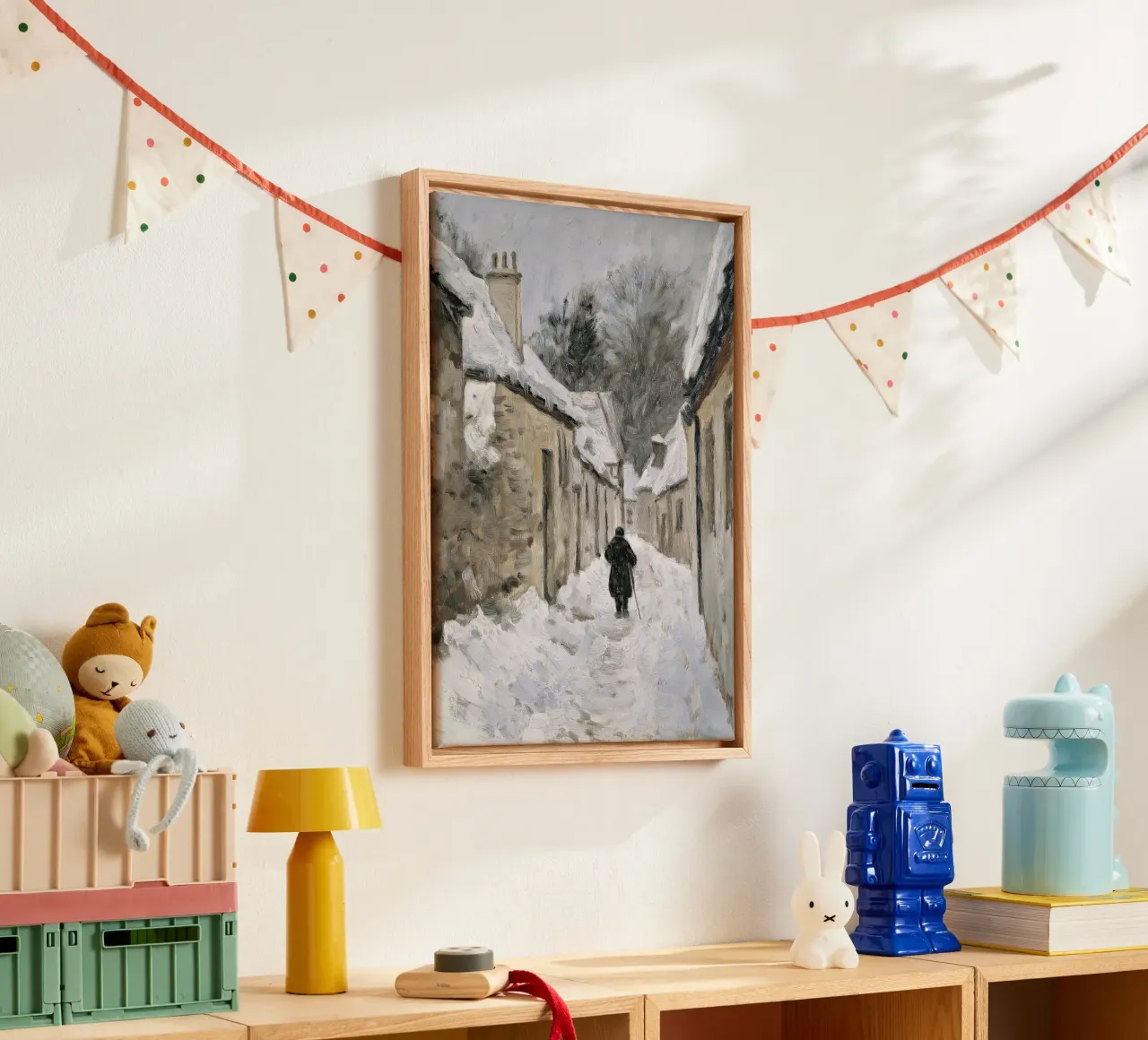 Lone Figure in Snowy Village - Rustic Winter Path canvas with Floater frame by ClubArt