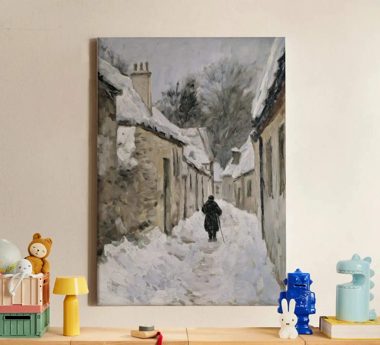 Lone Figure in Snowy Village - Rustic Winter Path canvas with Floater frame by ClubArt