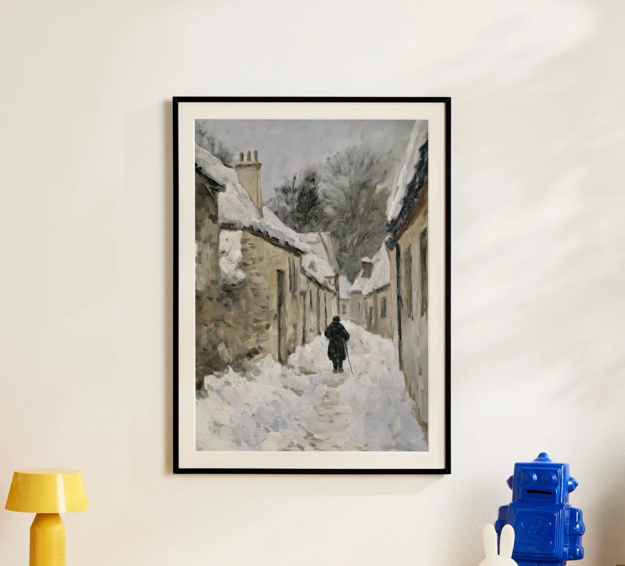 Lone Figure in Snowy Village - Rustic Winter Path hahnemühle by ClubArt