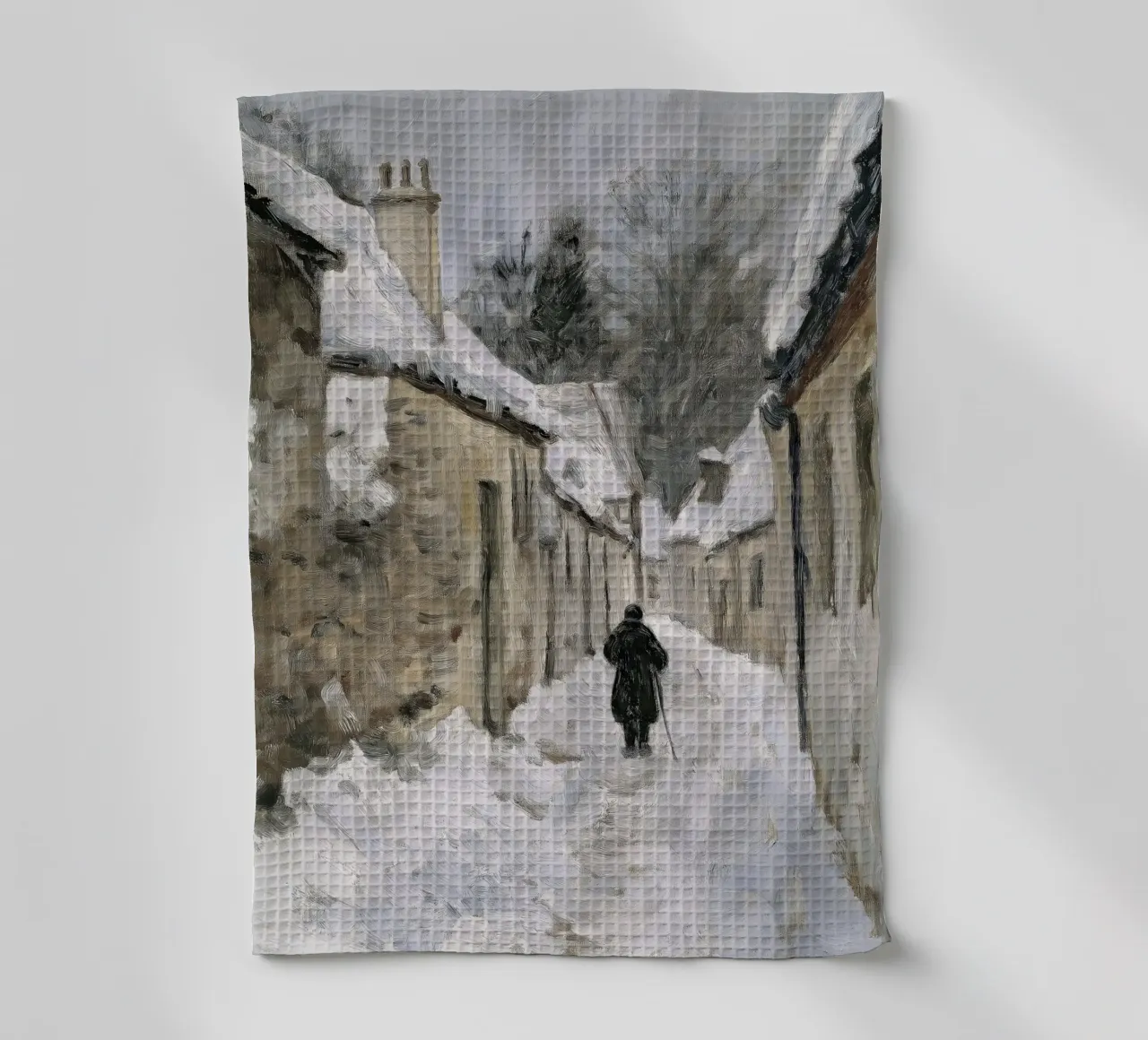 Personnage solitaire dans un village enneigé - Chemin d'hiver rustique torchon de ClubArt
