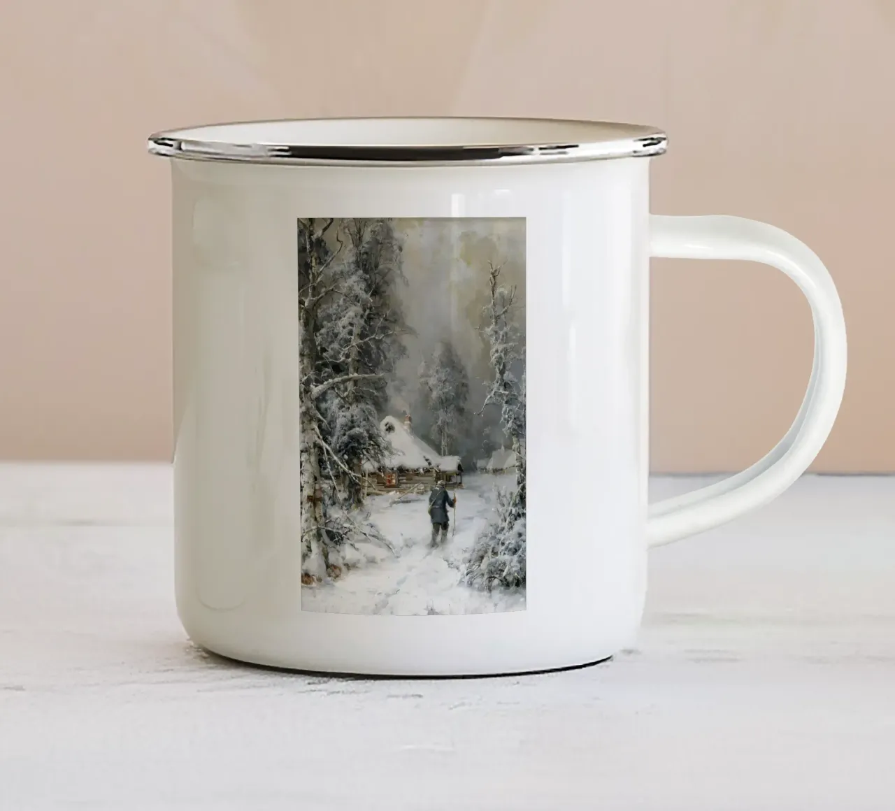 Accogliente baita innevata - Ritiro nella foresta d'inverno Arte tazza in smalto da ClubArt