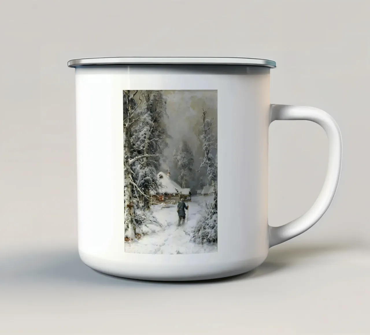 Accogliente baita innevata - Ritiro nella foresta d'inverno Arte tazza in smalto da ClubArt