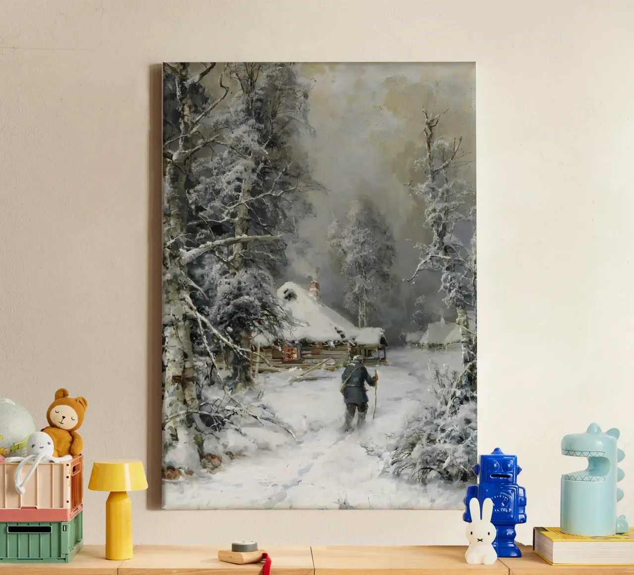Knusse hut in de sneeuw - Winter bos retraite kunst canvas met Baklijst van ClubArt