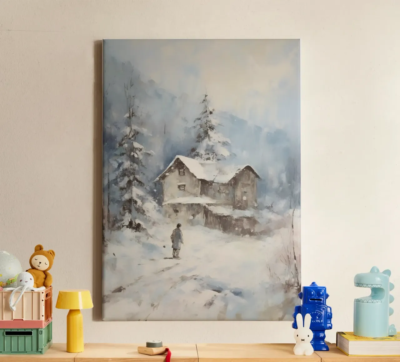 Casa aislada en la nieve - Paisaje rústico de invierno lienzo con Marco flotante de ClubArt