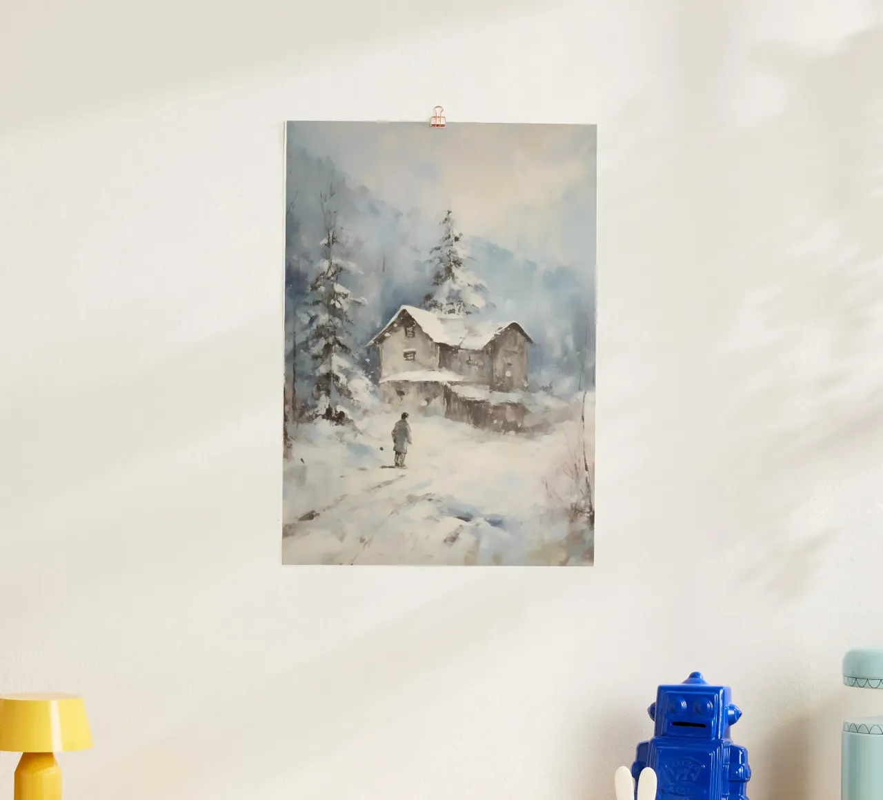 Abgelegene verschneite Hütte - Rustikale Winter-Landschaftskunst Poster mit Kunststoffrahmen von ClubArt