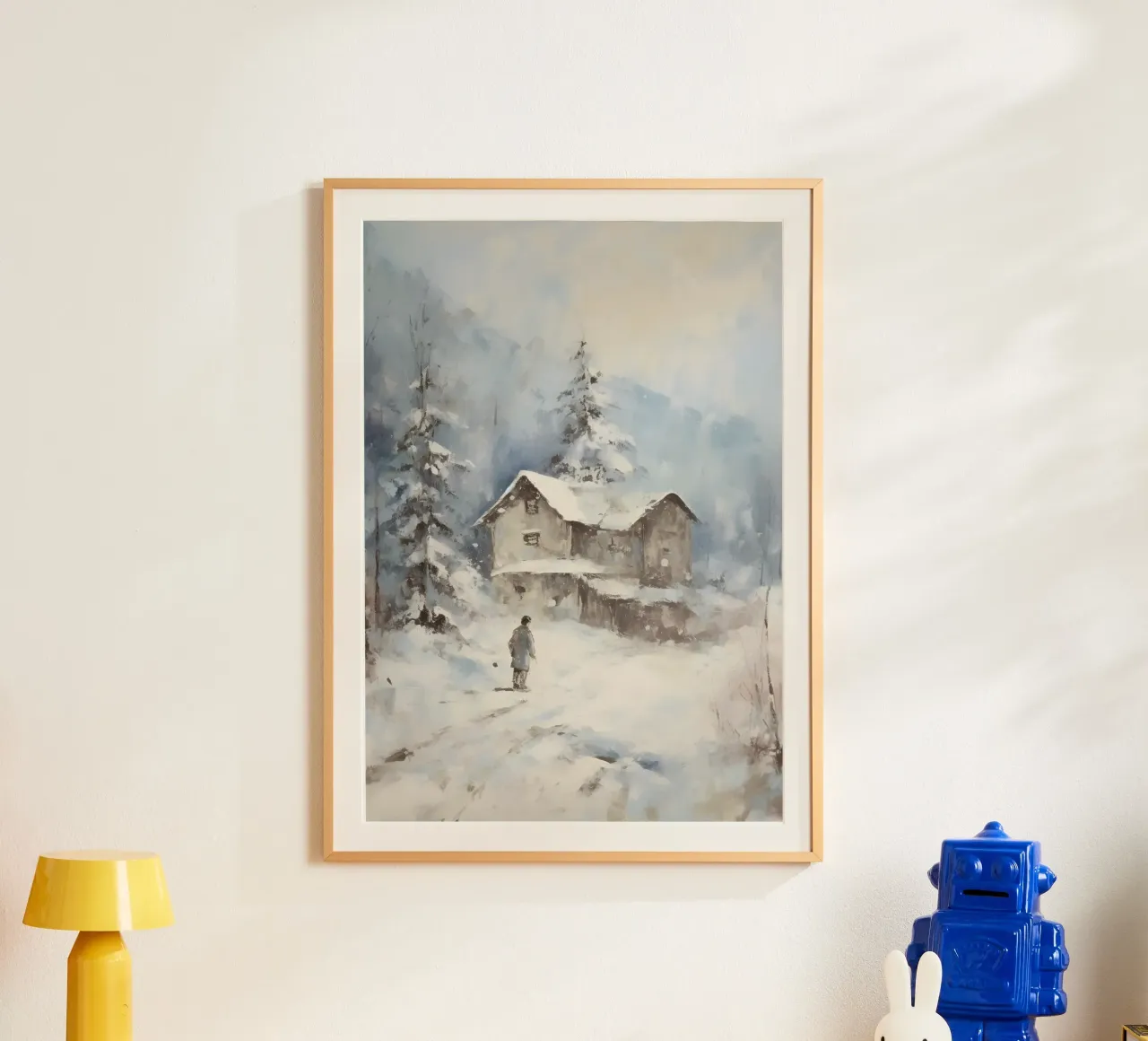 Abgelegene verschneite Hütte - Rustikale Winter-Landschaftskunst Poster mit Kunststoffrahmen von ClubArt