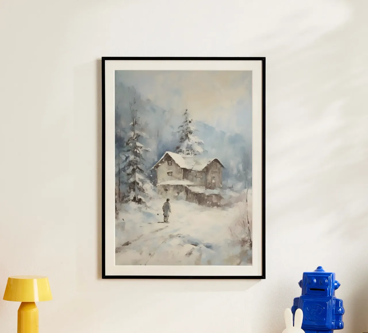 Abgelegene verschneite Hütte - Rustikale Winter-Landschaftskunst Poster mit Kunststoffrahmen von ClubArt
