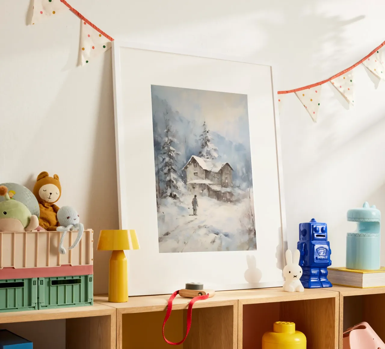 Abgelegene verschneite Hütte - Rustikale Winter-Landschaftskunst Poster mit Kunststoffrahmen von ClubArt